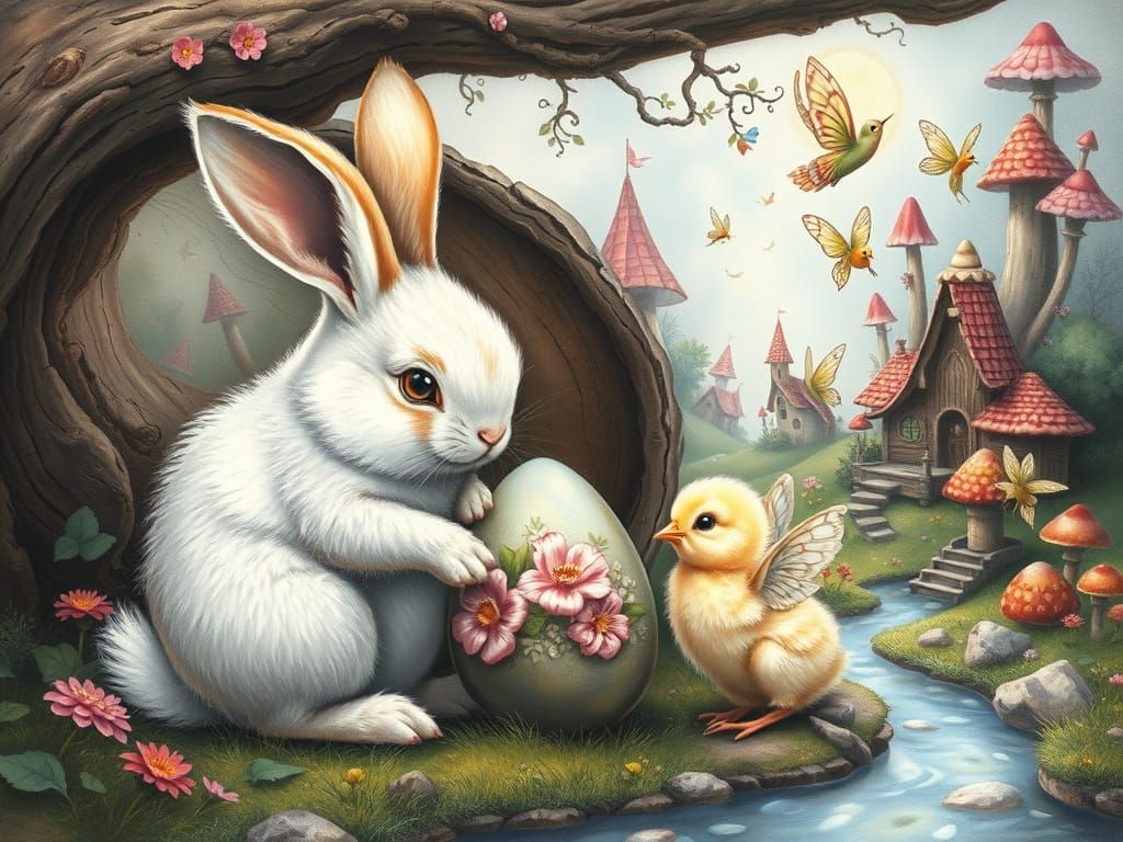 Bunny and Chick in Fairy Village, Charcoal Drawing