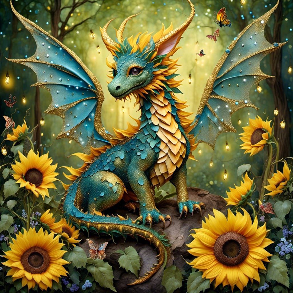 Sunflower Dragon with Glittering Wings in Enchanted Forest