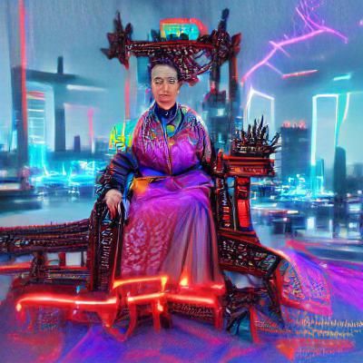 Empress Cixi on Dragon Throne in Cyberpunk Forbidden City