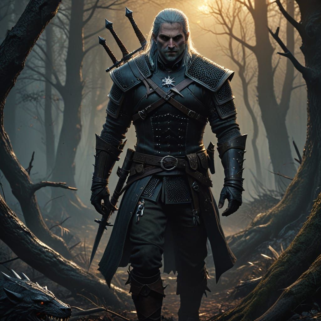 Witcher Hunts Monster in Dark Fantasy Forest