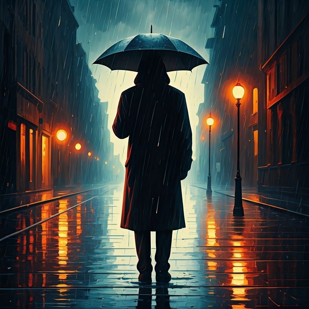 Surrealist Figure Stands in Triadic Hued Rainy Scene