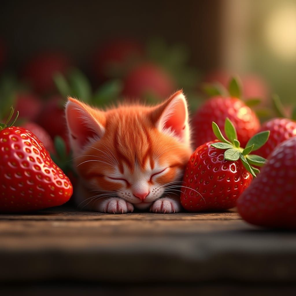Whimsical Strawberry Kitten Amidst Vibrant Fruits
