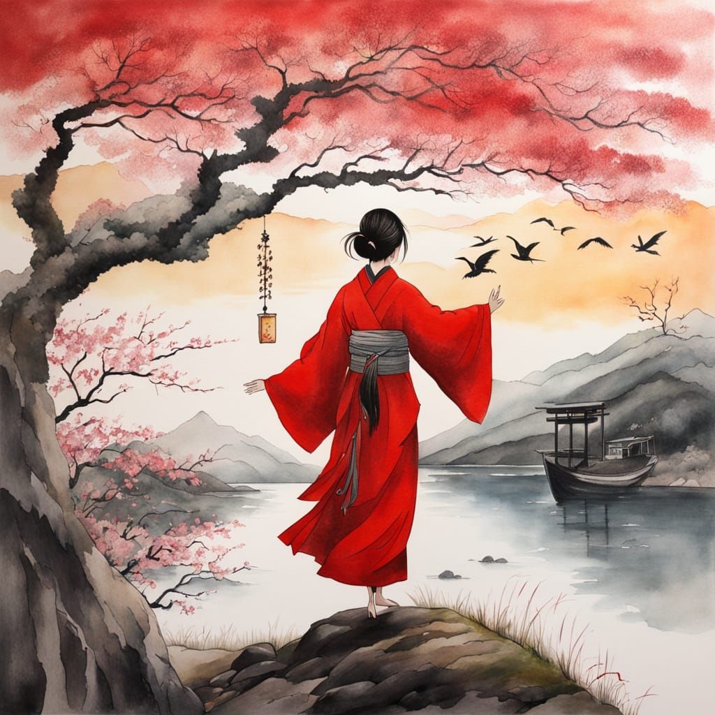 Japanese Lady Under Sakura Tree at Sunrise