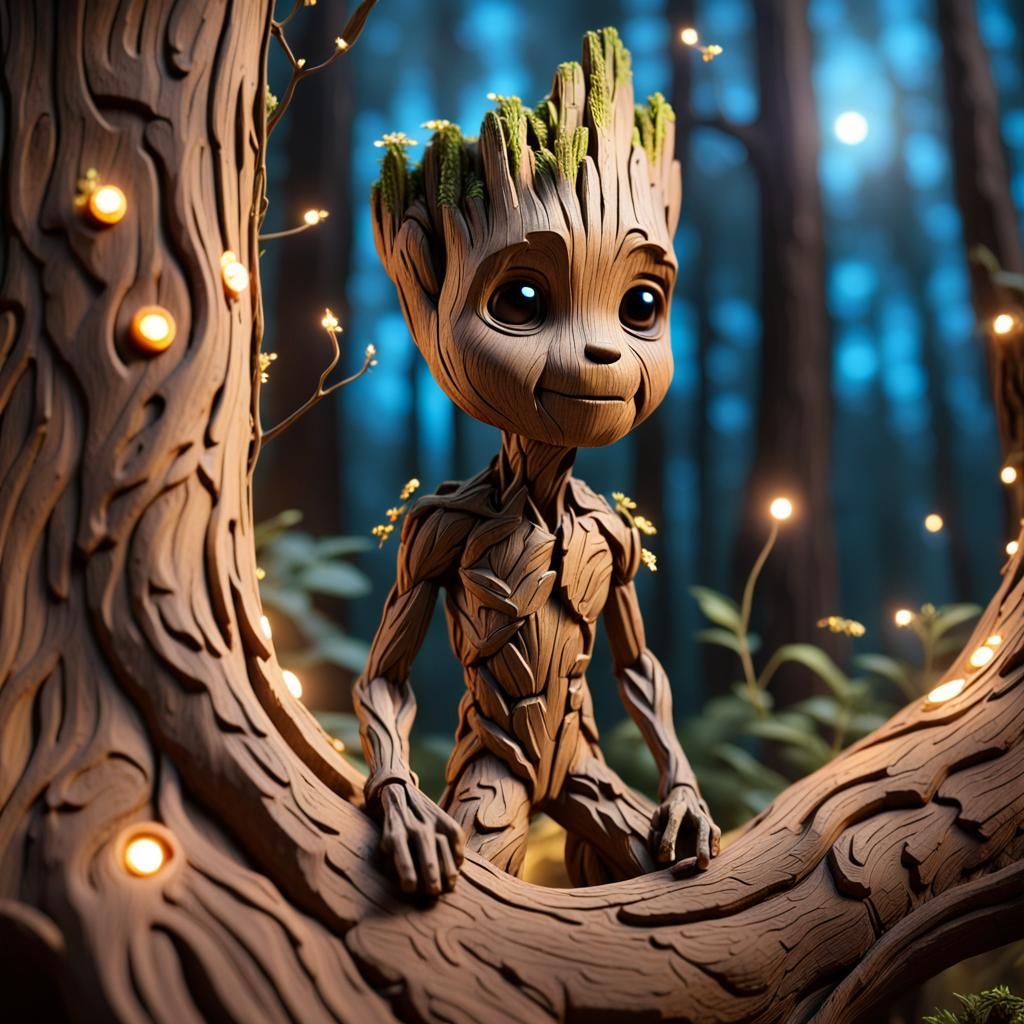 Groot 3D Wood Carving in Forest with Fireflies