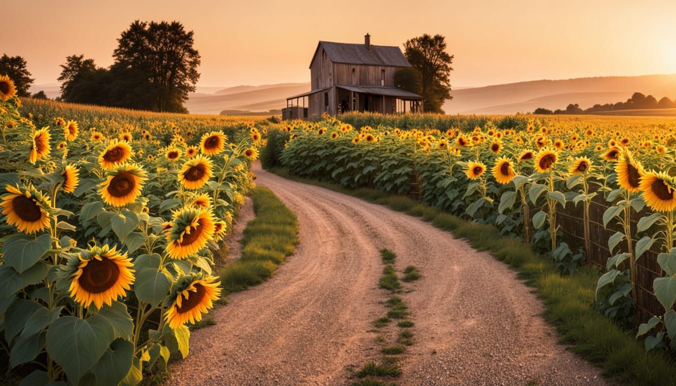 Sunflowers and Stone Farmsteads in Golden Light