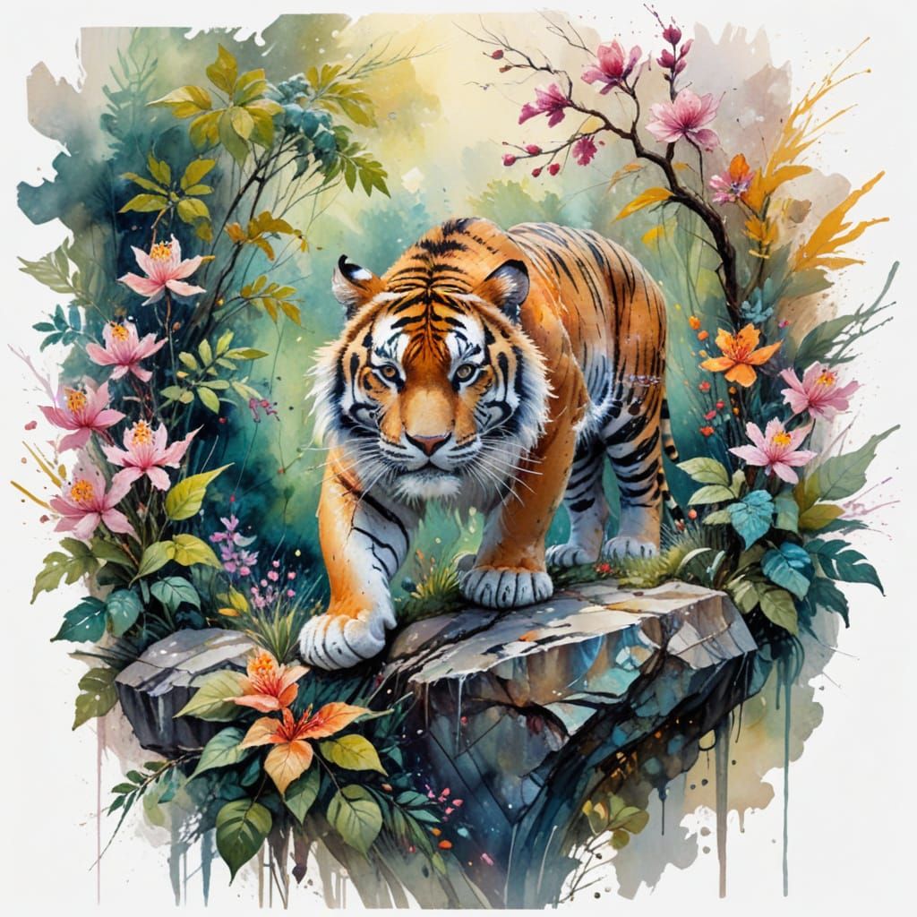 Majestic Tiger in Jungle, Watercolour Impasto Painting
