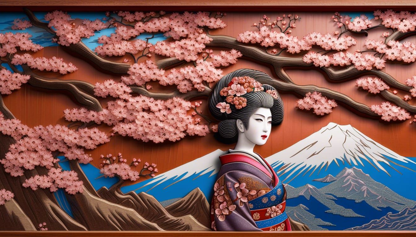 Oiran Geisha Gazing at Mt Fuji in Wood Carving