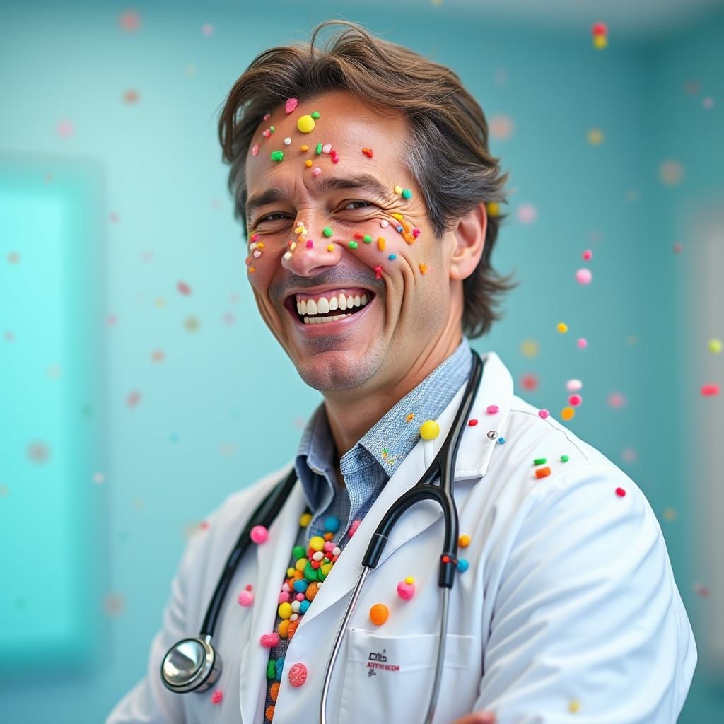 Joyful Doctor in Colorful Candy Coated White Coat