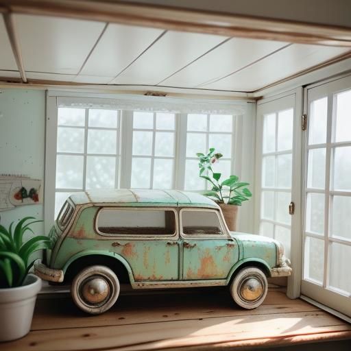 Whimsical Dollhouse Interior with Miniature Car in Watercolo...