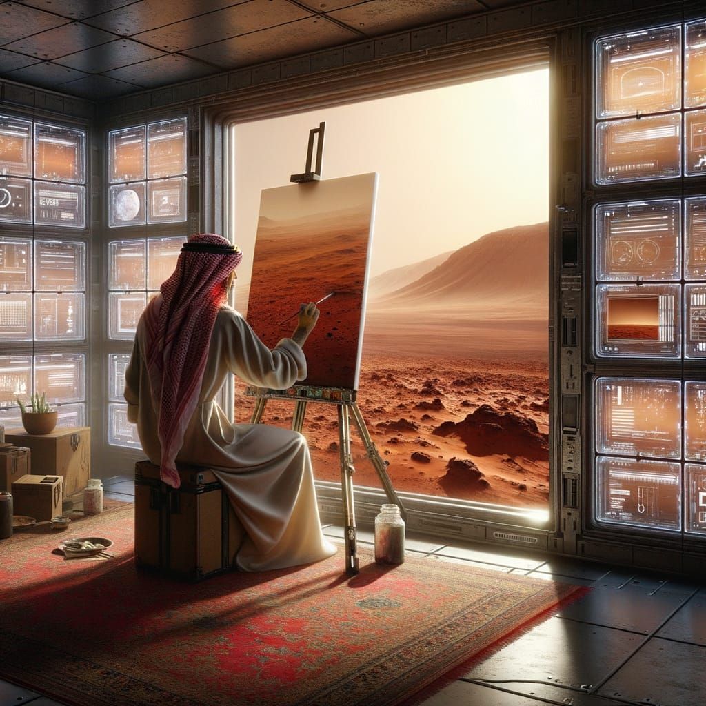 Artist Paints Mars Landscape from Colony Window