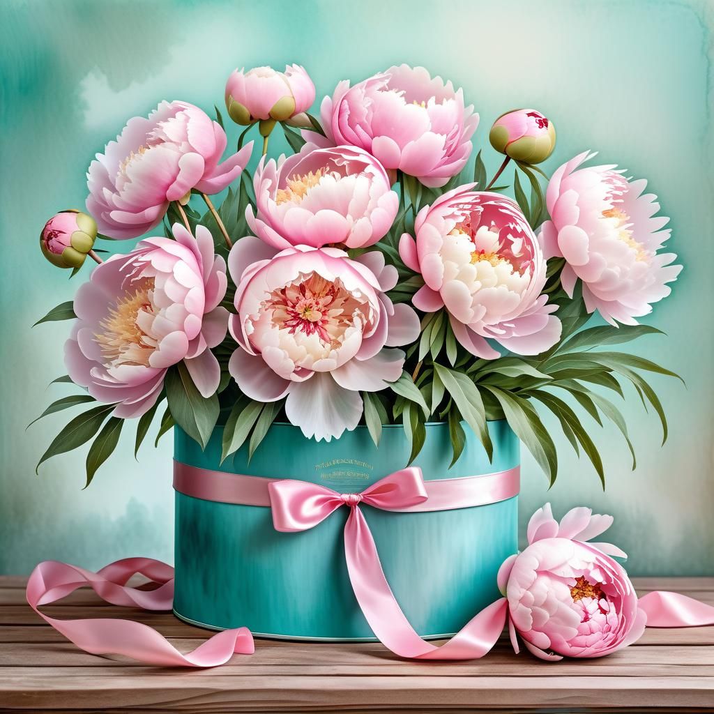 Watercolor Peonies Bouquet in Turquoise Box