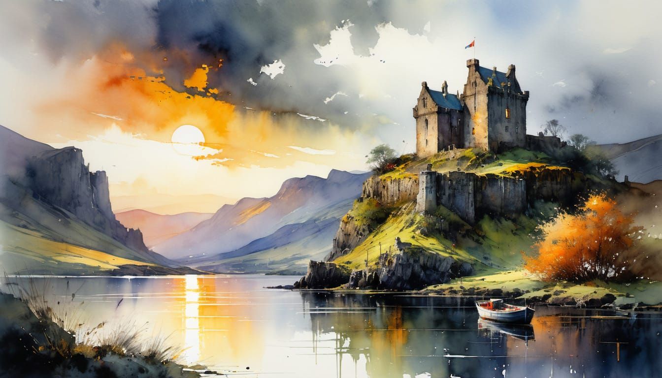 Watercolor Ruin Castle Over a Scottish Loch at Sunset