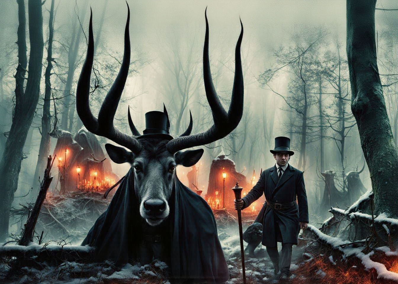 Sinister Figures in Snowy Forest with Green Lights