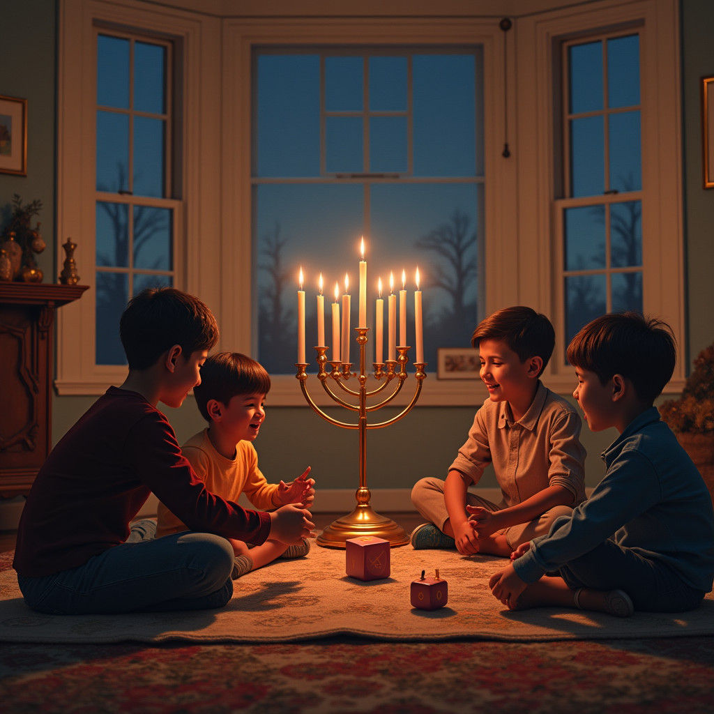 Family Celebrates Hanukkah with Dreidel Game
