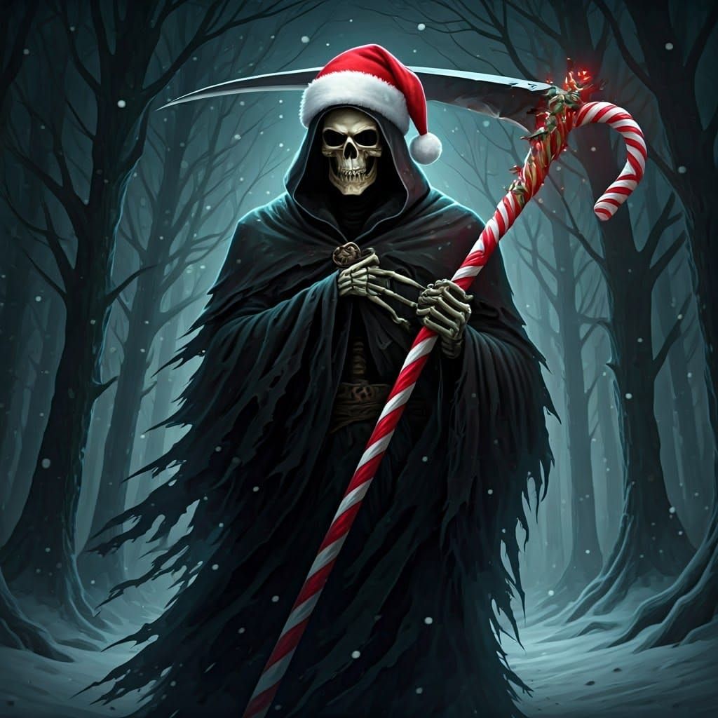 Grim reaper wearing a Santa hat