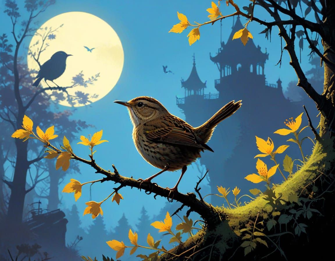 Surreal Woodcut-Inspired Wren Sings Joyful Spring Song