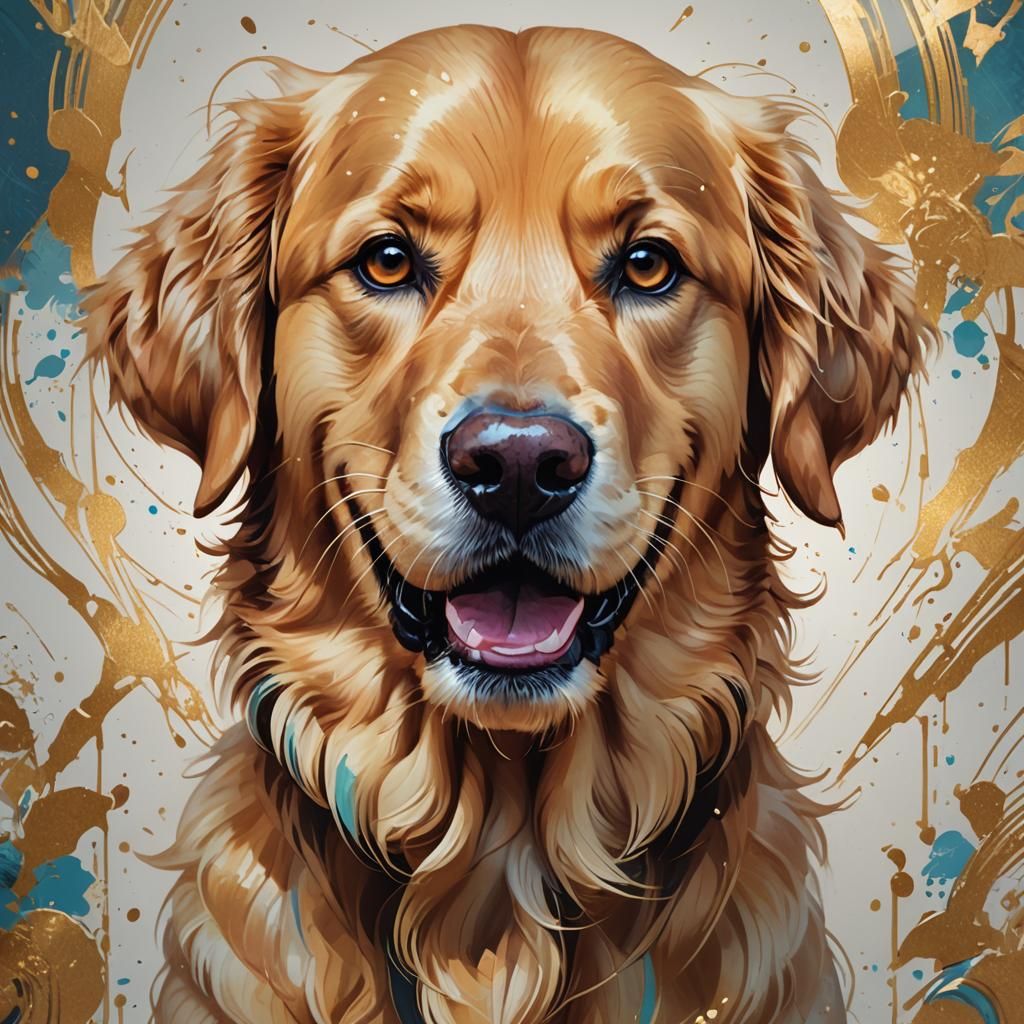 Cheerful Golden Retriever Portrait in Splash Art Style