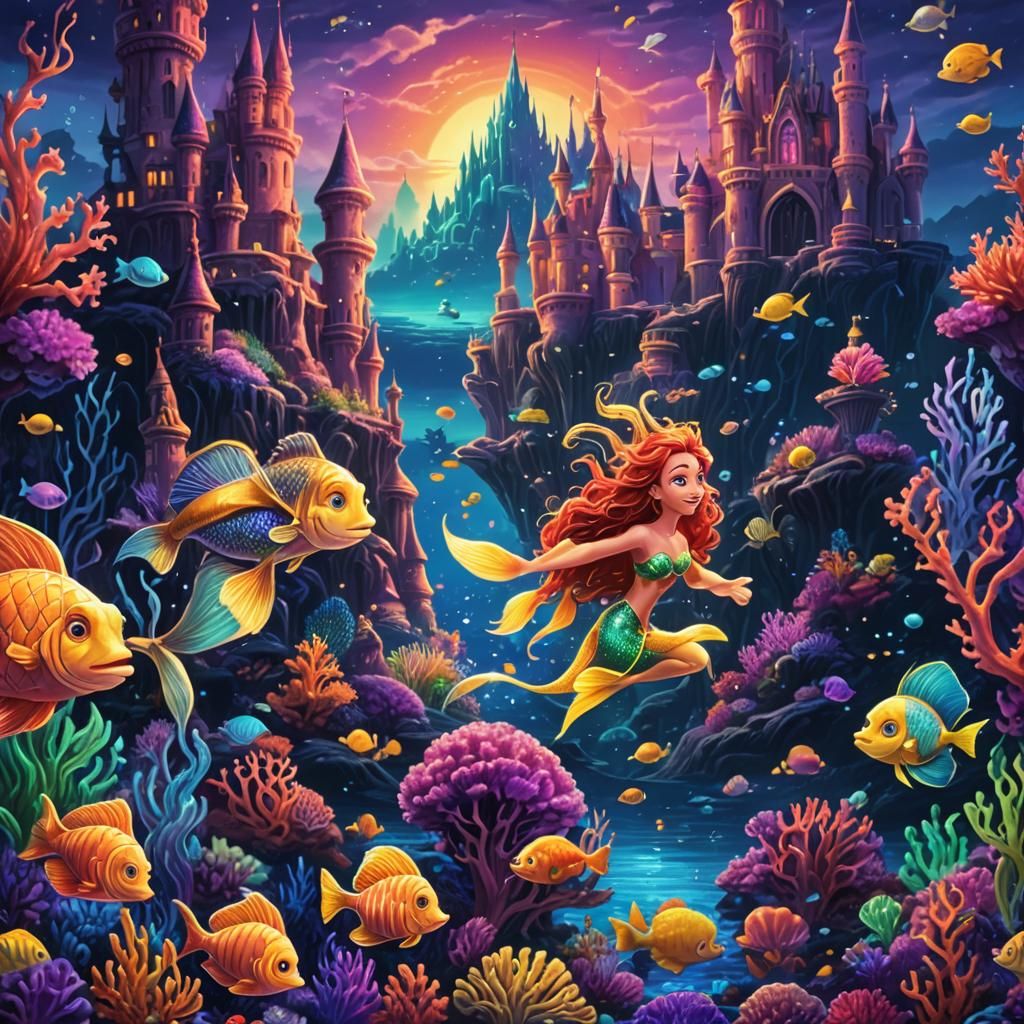 Ariel and Flounder in Bioluminescent Neon Sea