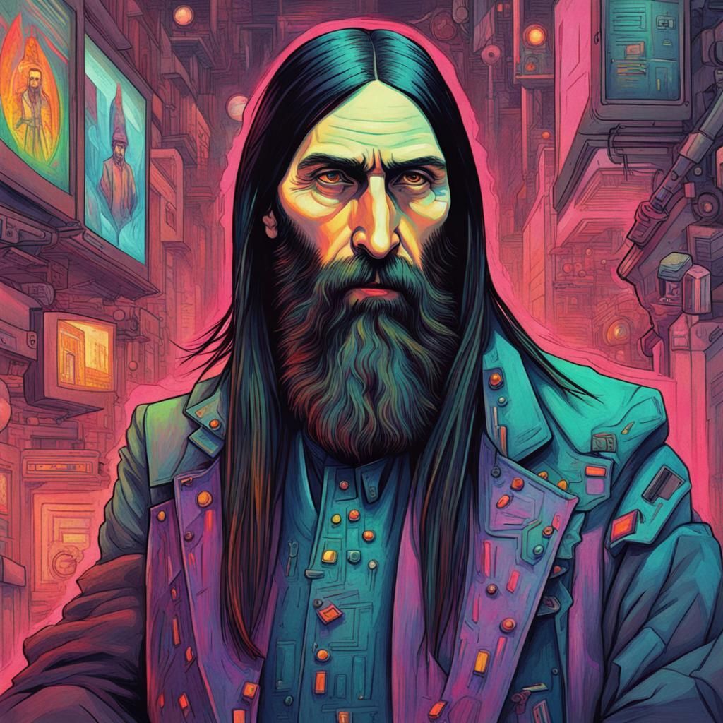 A colorful drawing of Grigori Rasputin in a cyberpunk dystopia that bans abstract expressionism