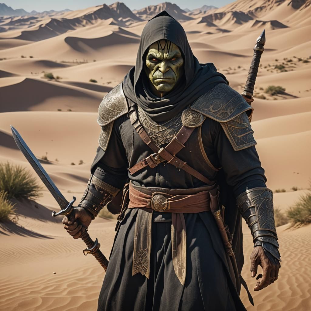 Half-Orc Warrior in Abaya, Desert Scene