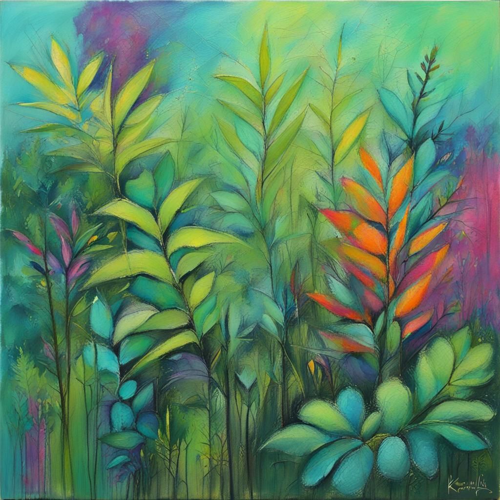 Abstract Jungle Flora in Oil Pastel