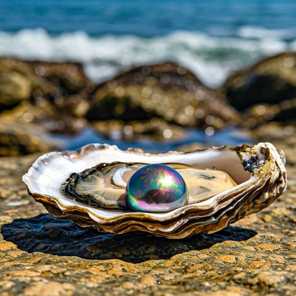 Iridescent Pearl Revealed Inside Oyster on Rocky Shore