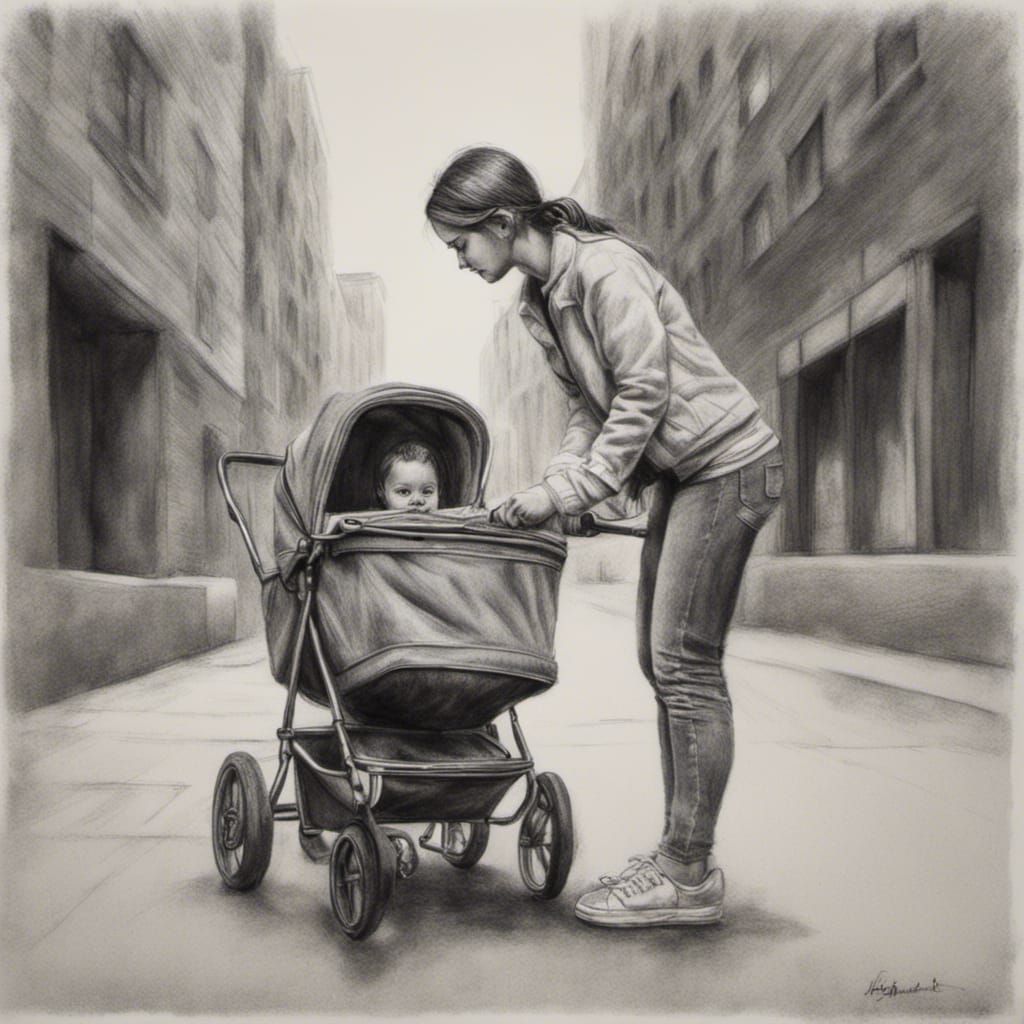Teenage Girl Pushing Stroller: Detailed Charcoal Drawing