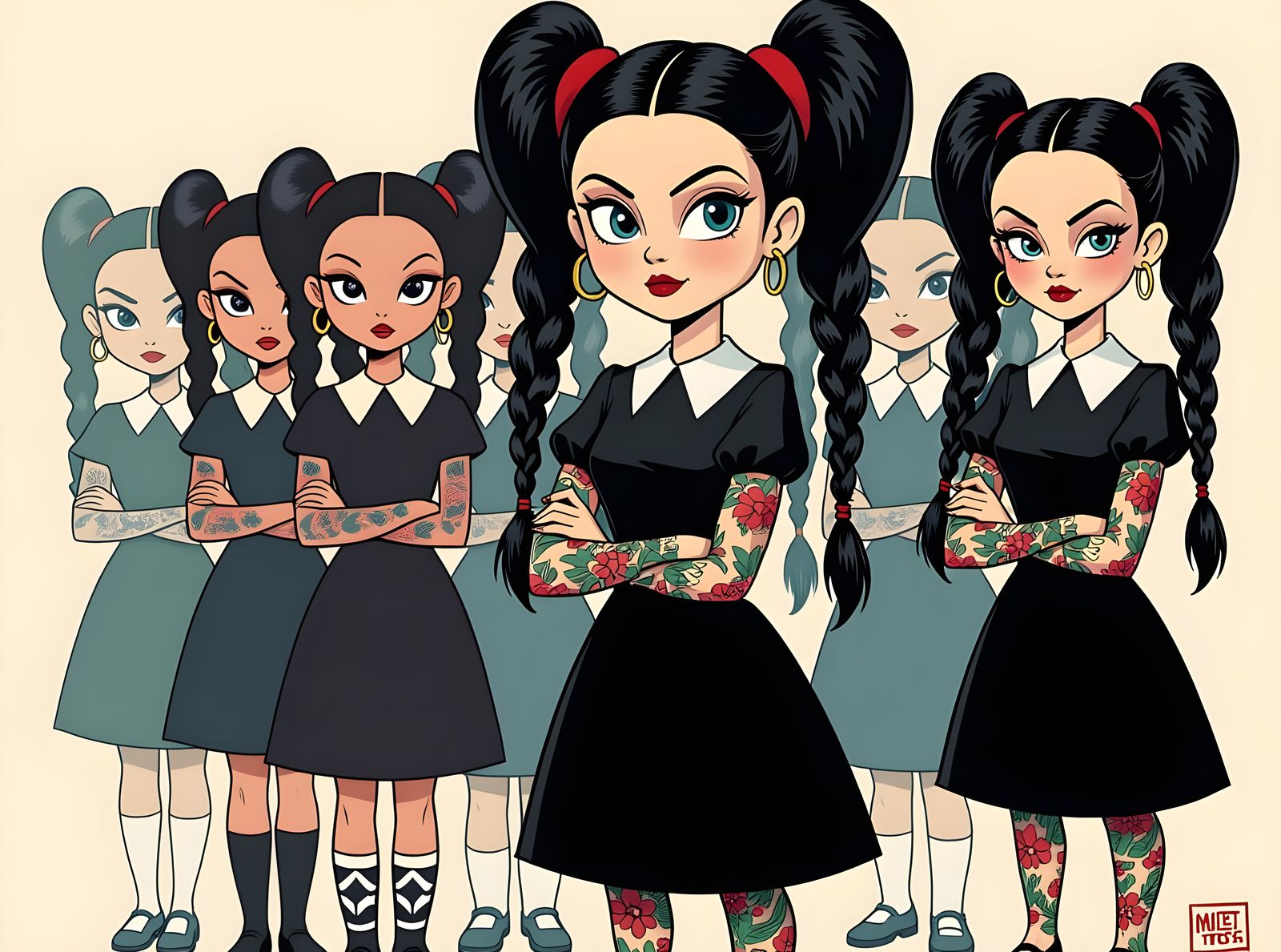 Cyberpunk Wednesday Addams in 2D Cartoon Style