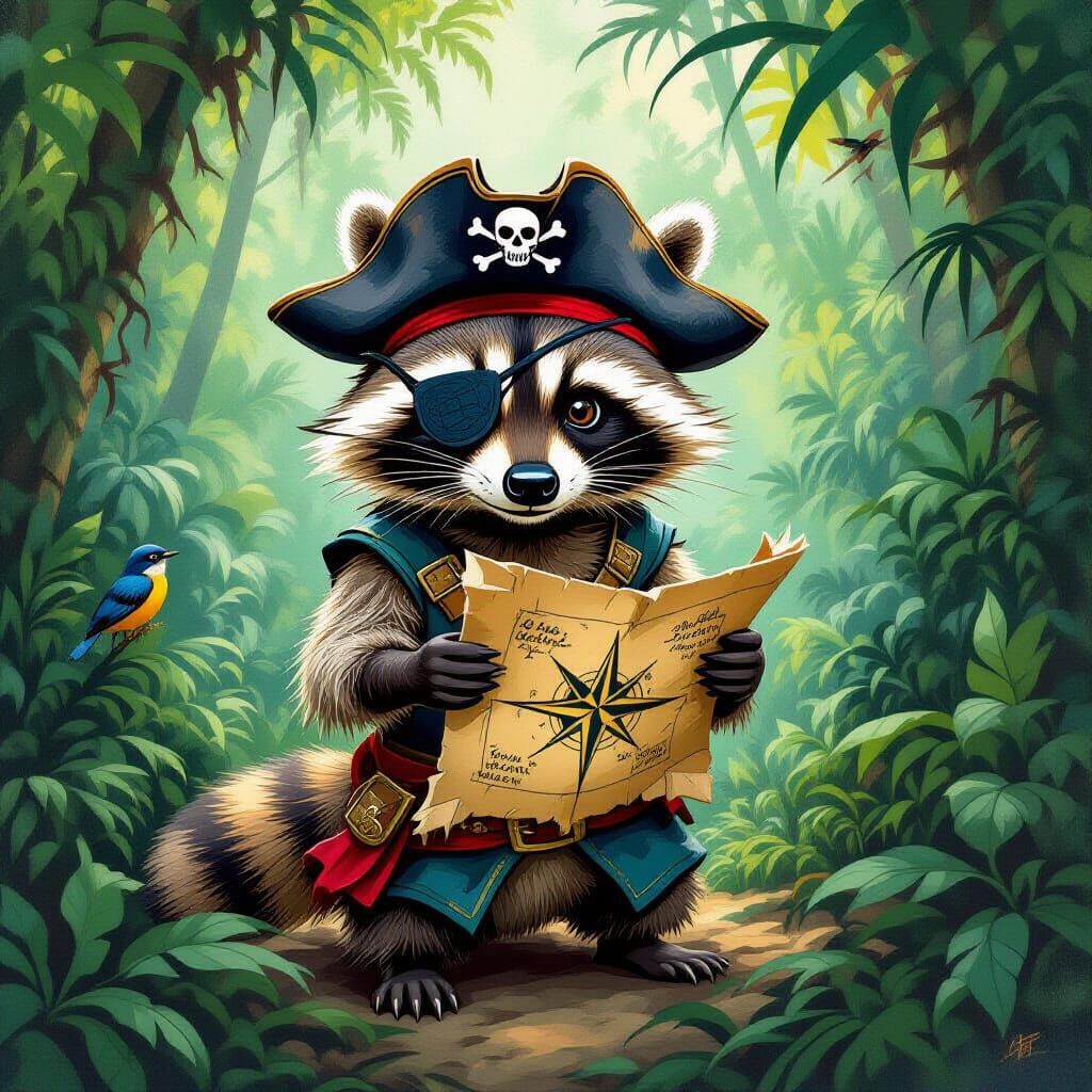 Pirate Raccoon Navigates Jungle, Adventure Novel Style