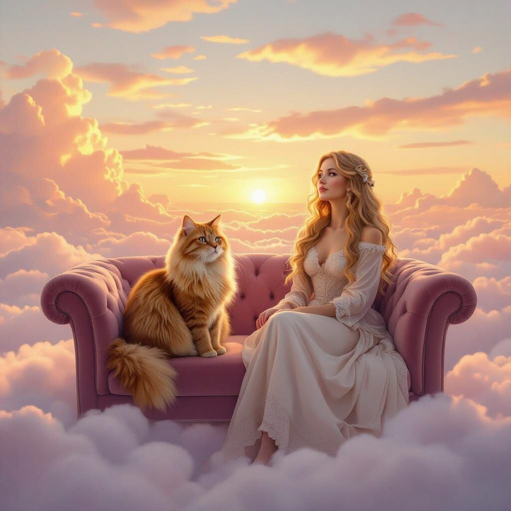Ginger Cat and Lady on Floating Island at Sunset
