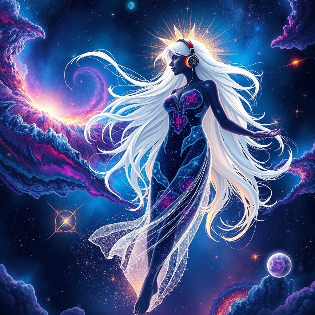 Cosmic Goddess Levitating Among Galaxies in Psychedelic Art