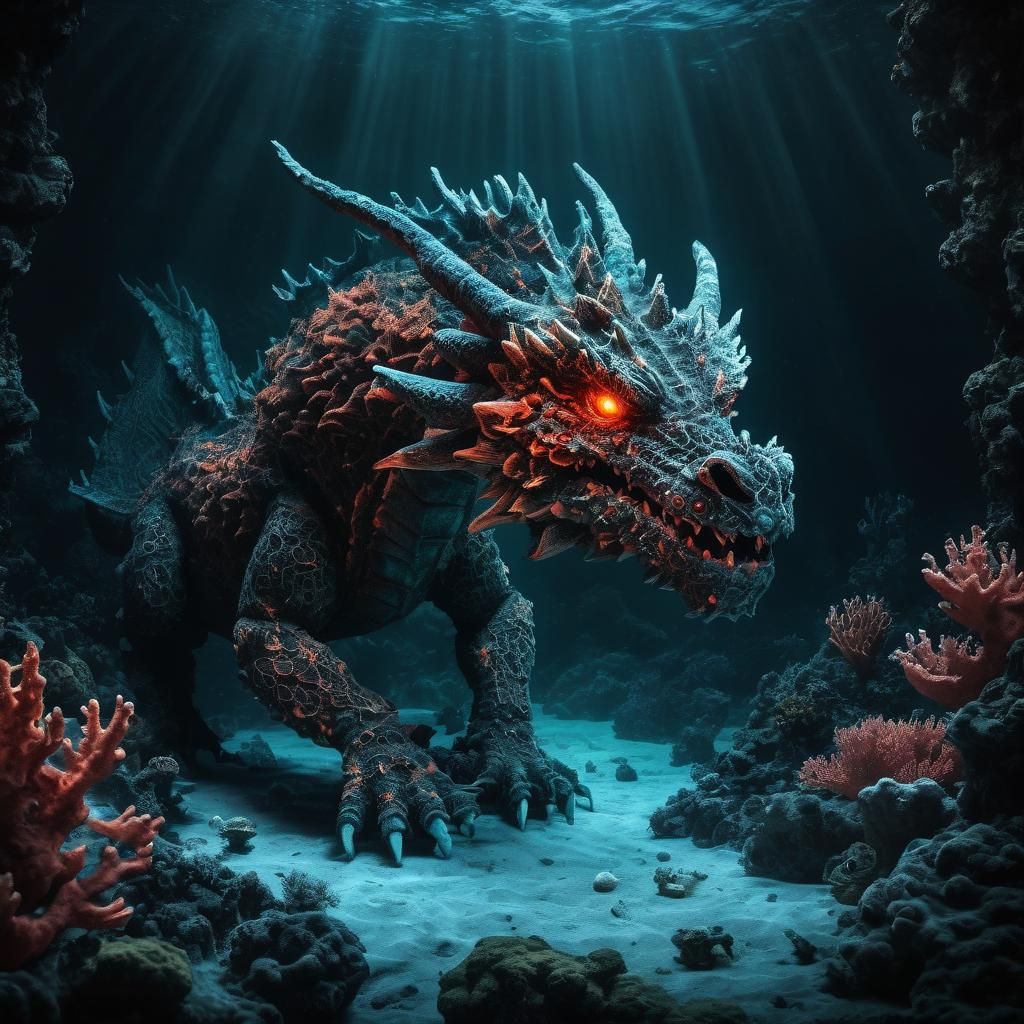 Coral Volcanic Dragon Swimming in the Abyss