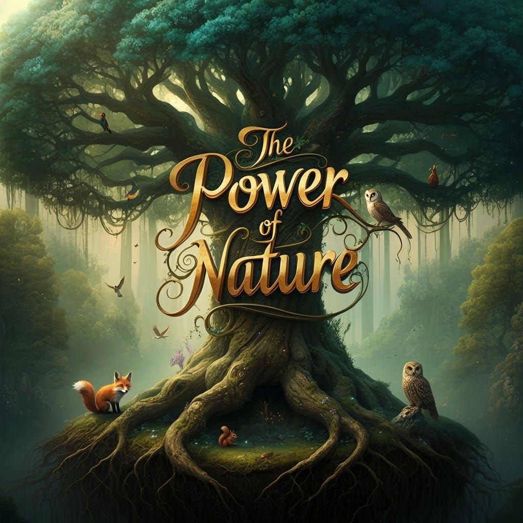 Nature's Power: A Calligram Illustration of a Majestic Tree