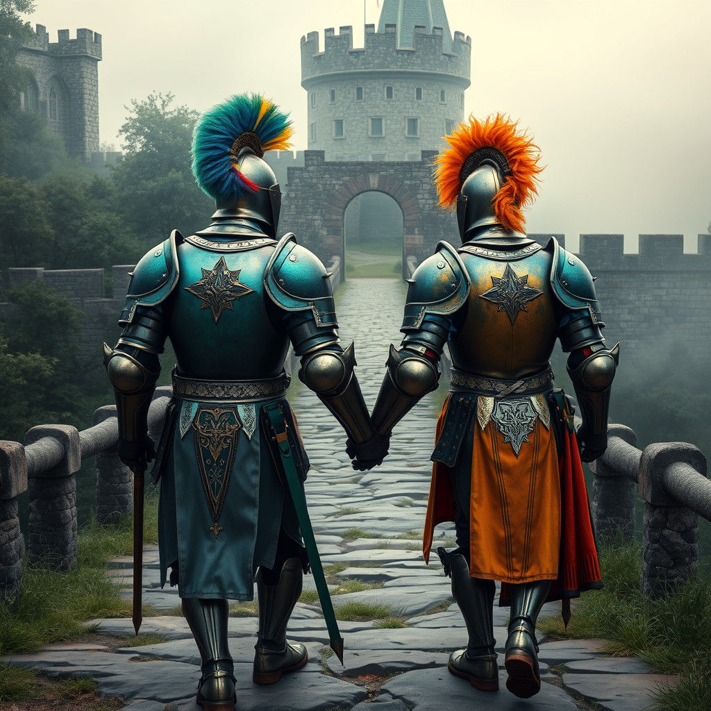 Armored Knights Ambled Across the Misty Castle Bridge