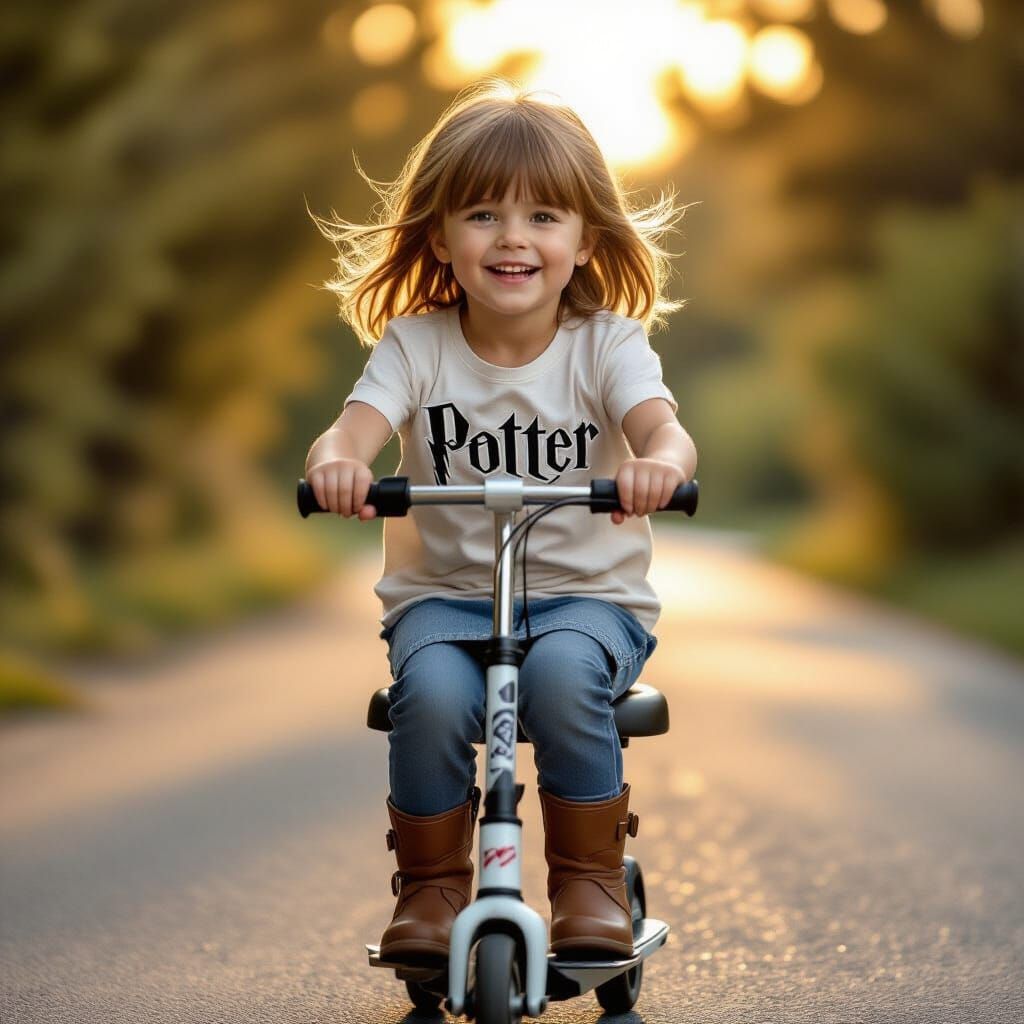 Young Girl Joyfully Rides Scooter in Golden Hour Glow
