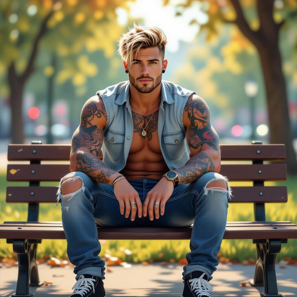 Athletic Man on Park Bench with Bokeh Background