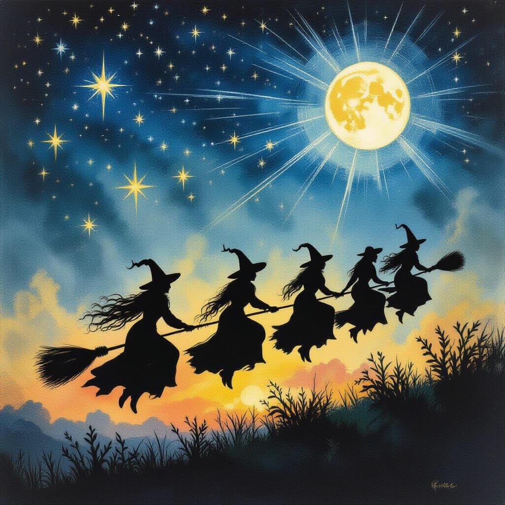 Witches Flying on Broomsticks Under a Starry Night Sky