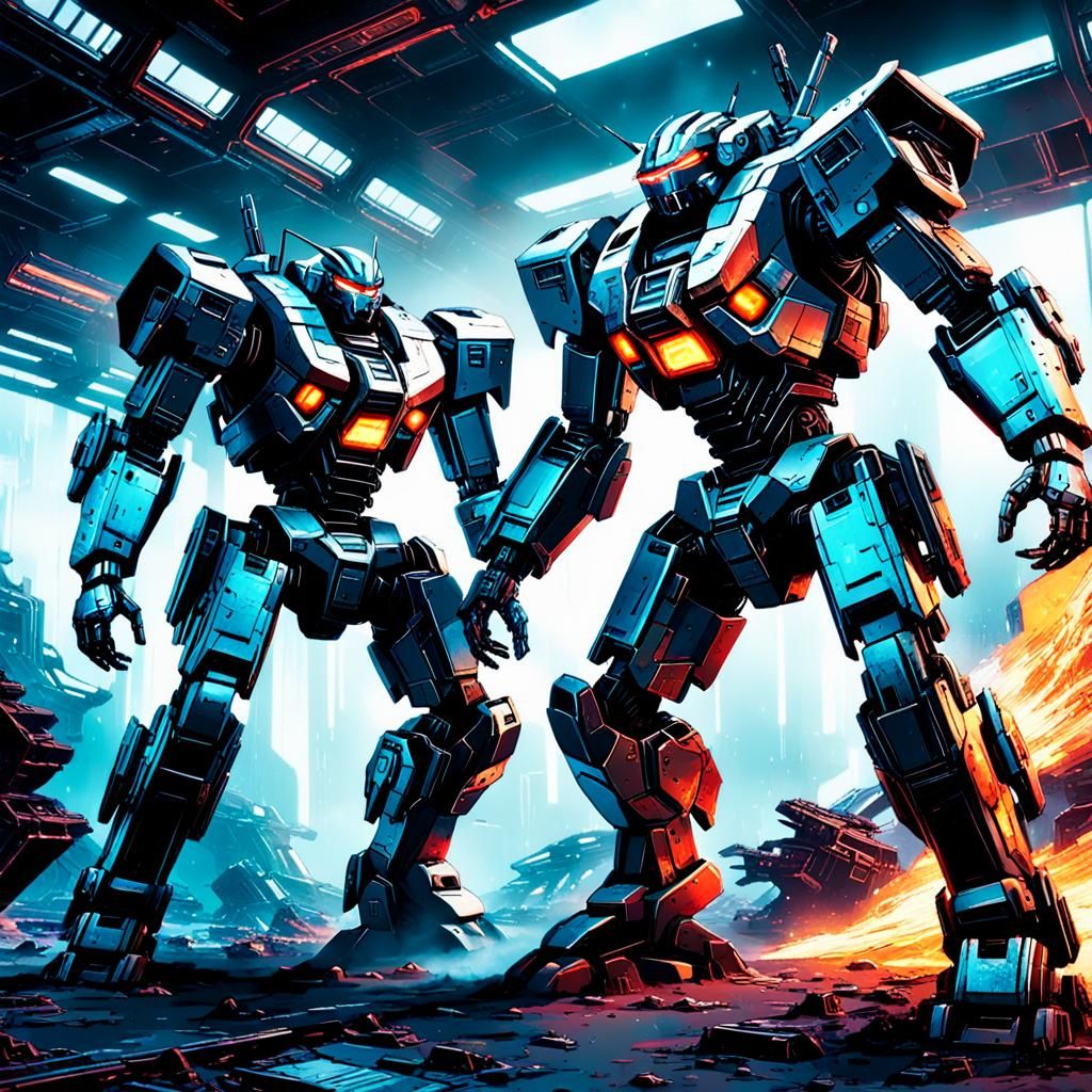 Cyberpunk Mecha Duel in Abandoned Space Station