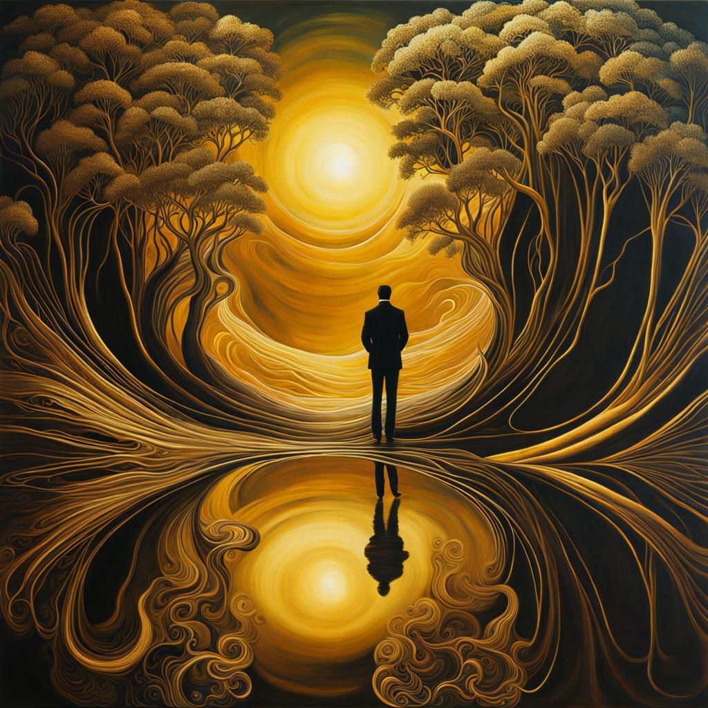 Surrealist Painting of Reflections with Golden Outlines