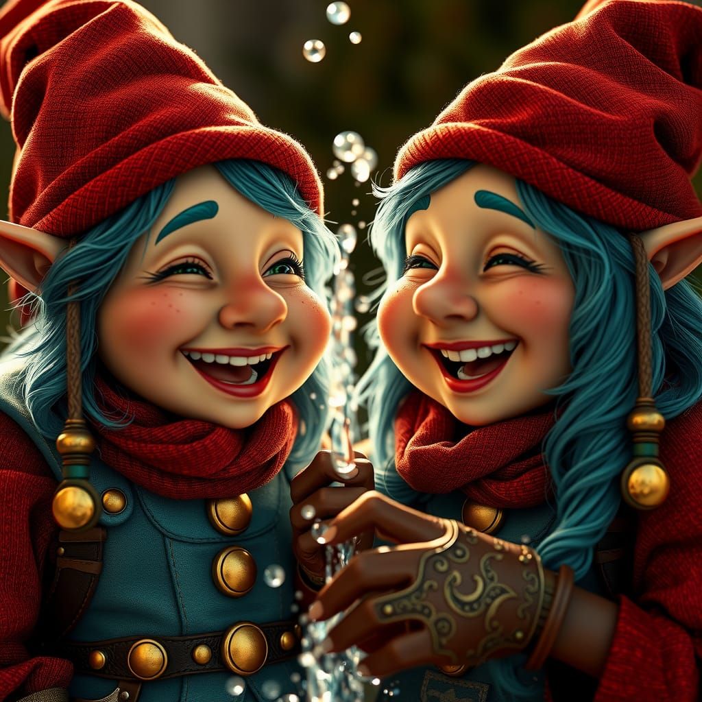 Teal-Haired Gnomes Share Joyful Moment in Steampunk Style