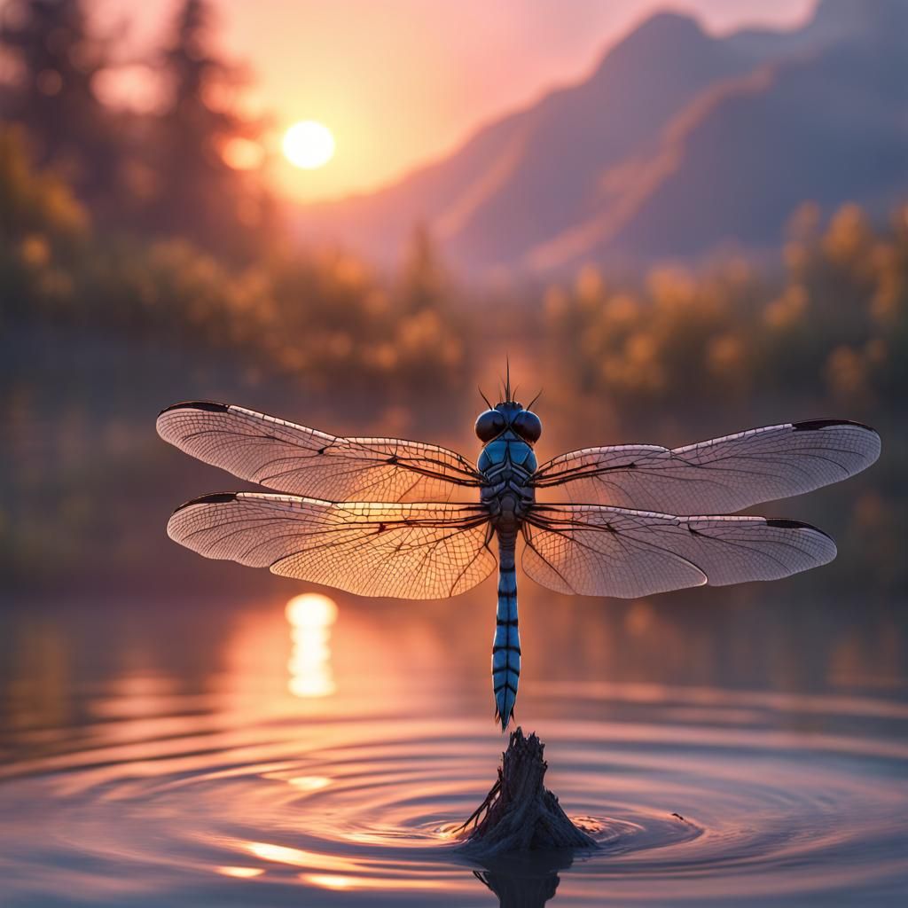 Color Changing Dragonflies at Sunset, Hyperdetailed Art