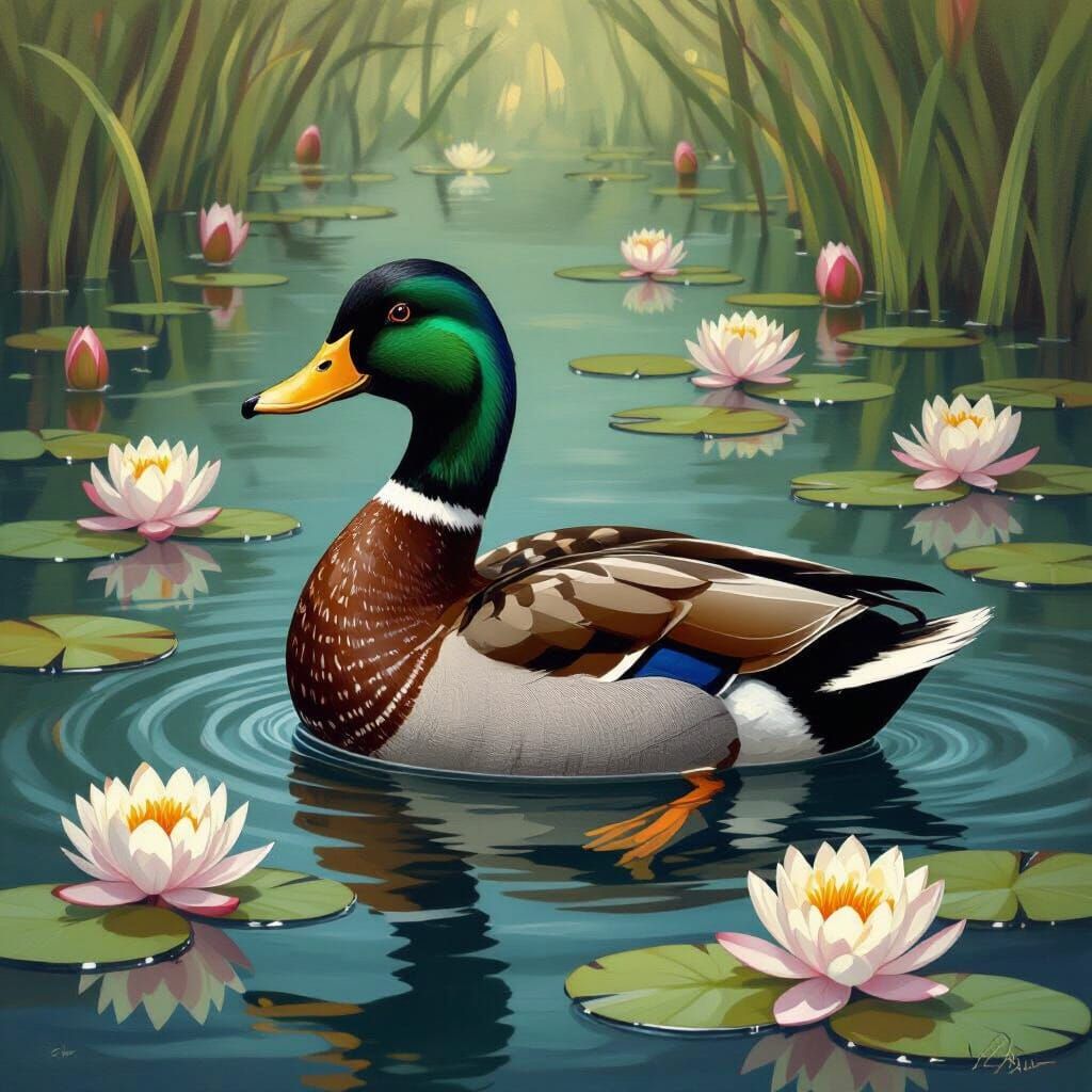 Duck Swimming in Lily Pond, Audubon Style
