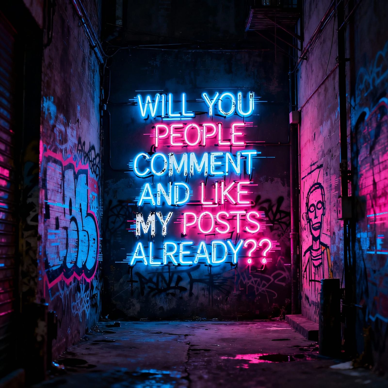 Distressed Neon Sign Demands Engagement in Gritty Alleyway