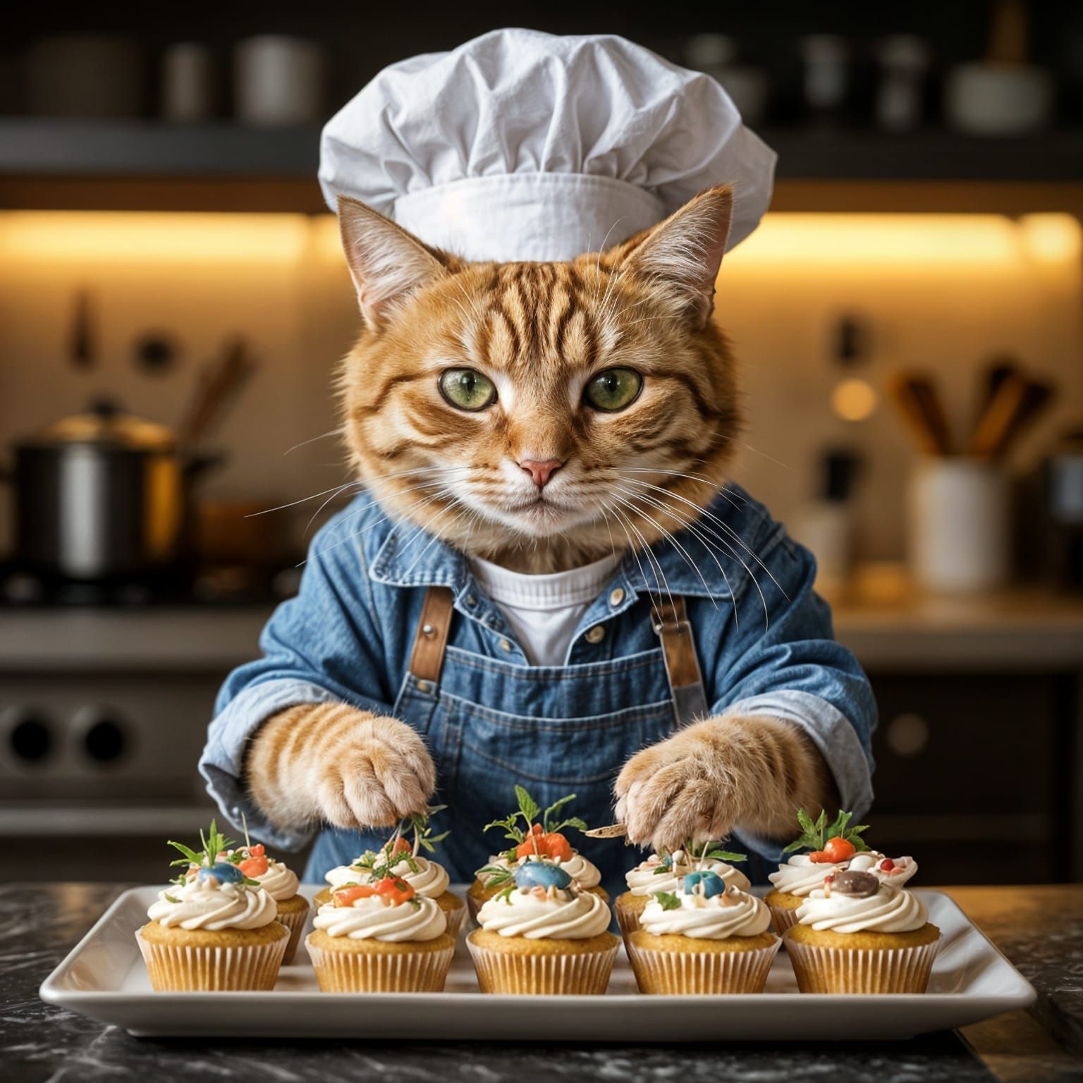 Chef Cat Decorates Salmon Cupcakes in Modern Kitchen