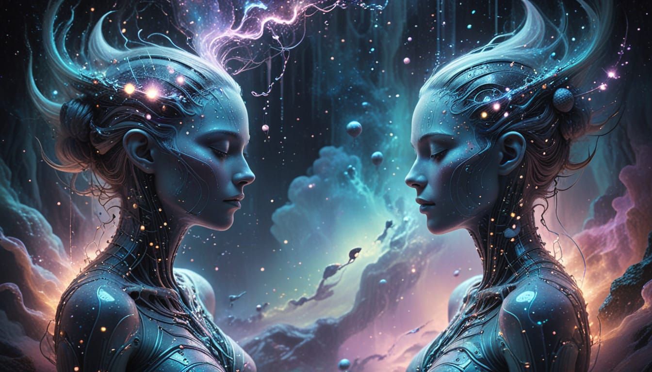 Surreal Quantum Beings Decode Stellar Emotions in Soft Paste...