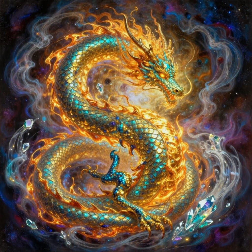Ethereal Dragon of Elements in Cosmic Nebula