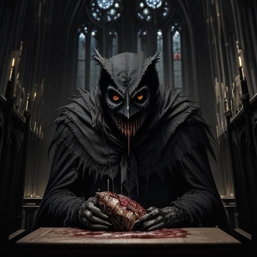 Sinister Owlman in Gothic Cathedral with Bloody Food