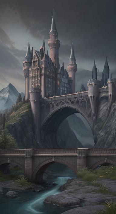 Gothic Castles Connected by Bridge, Fantasy Art