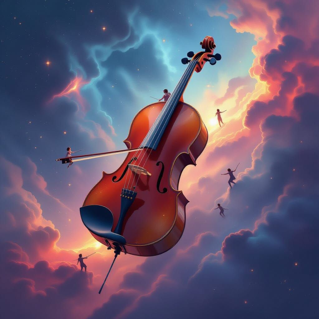 Surreal Violin Floating in Cosmic Nebula