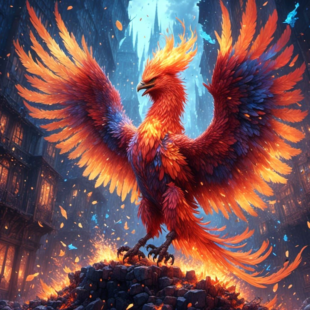 Whimsical Multicolor Phoenix Blazing in the Sky